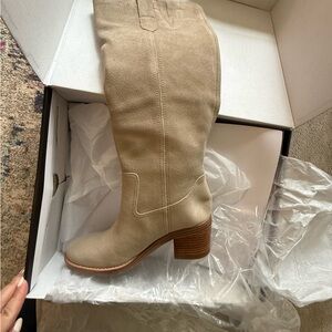 Knee-High Suede Block Heel Boot in medium tan/tan!